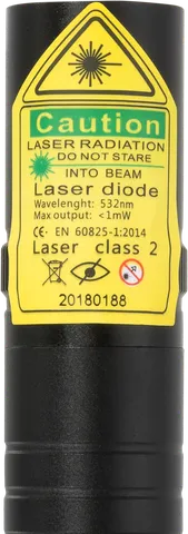 Pointeur laser vert G2 Pro – gros plan sur l’étiquette d’avertissement avec la classe laser
