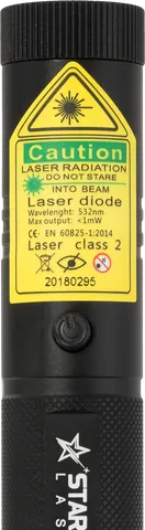 Pointeur laser vert G3 Pro – gros plan sur l’étiquette d’avertissement avec la classe laser