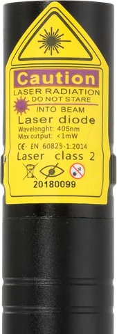 Pointeur laser violet V2 Pro – gros plan sur l’étiquette d’avertissement avec la classe laser