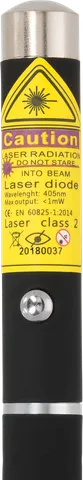 Stylo laser violet Z1 – gros plan sur l’étiquette d’avertissement avec la classe laser